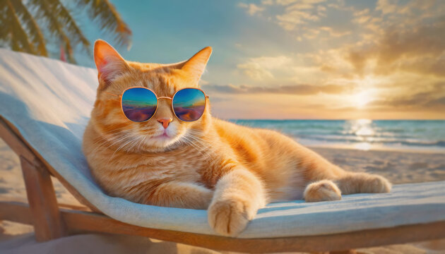Fat orange cat wearing sunglasses laying on a sunbed at the beach. Ginger tomcat boss summer holiday resting seaside on a tropical resort