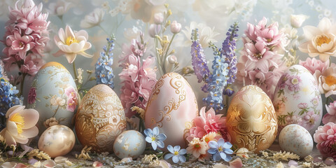 Fototapeta na wymiar Magical arrangement of exquisitely painted easter eggs amid a soft floral backdrop