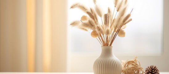 An artfully arranged floral design of dried flowers in a glass vase is displayed on a hardwood table near a window, casting tints and shades of light on the houseplant