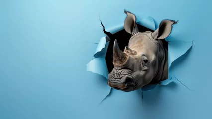 Zelfklevend Fotobehang Close-up shot of a rhino partially visible through ripped blue paper © Fxquadro