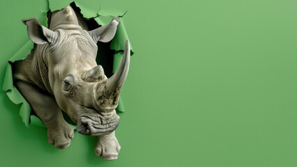 This creative image depicts a rhinoceros forcefully pushing through a textured green paper...