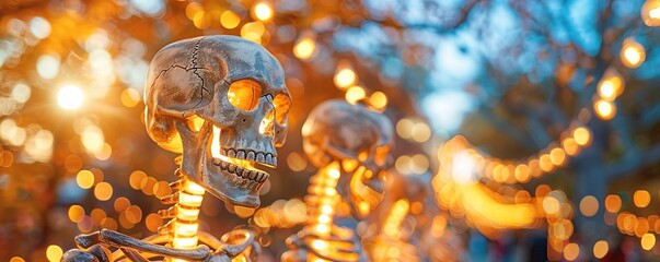 decoration of the happy and playful skeletons at the sunny backyard in blurred background - obrazy, fototapety, plakaty