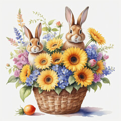 Drawing of sunflower and rabbit on white background