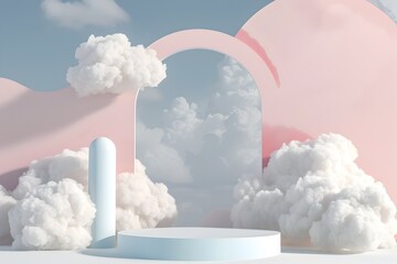Minimalist Podium with Cloudlike Shapes Creates Ethereal Product Display in Dreamy Pastel Landscape