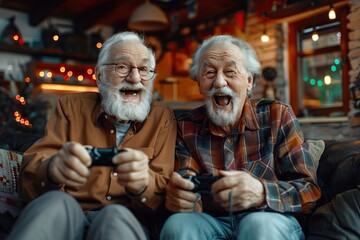Joy of Gaming Transcends Age Two Delighted Retired Men Immersed in a Video Game Session, Holding Gamepads, Embodying the Concept of Elderly People Enjoying Videogames. - obrazy, fototapety, plakaty