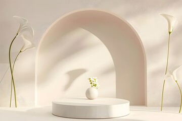 Minimalist Stage Design for Elegant Beauty Product Presentation with Pastel Arched Backdrop and Calla Lilies