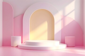 Minimalistic 3D Product Stage with Pastel Accents on a Podium Arch Wall