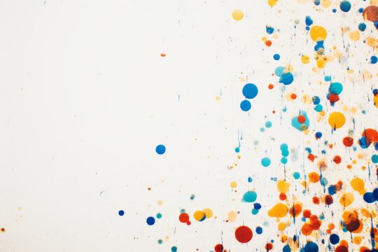 White concrete wall with colorful paint splatters, abstract background for art and design