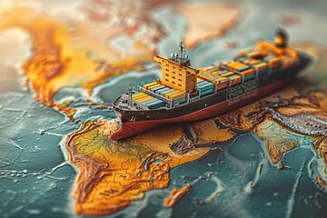 Global Trade Routes A Model Container Ship Navigating a World Map, Illustrating Transcontinental Transportation and Globalization Concepts - obrazy, fototapety, plakaty