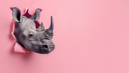 A striking visual of a rhino descending through a tear in pink paper, symbolizing breaking barriers