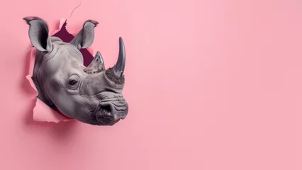 Fototapeten A striking visual of a rhino descending through a tear in pink paper, symbolizing breaking barriers © Fxquadro