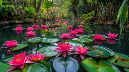 Fototapeta na wymiar A tranquil oasis filled with vibrant water lilies, their delicate blooms creating a breathtaking display against a backdrop of lush greenery.