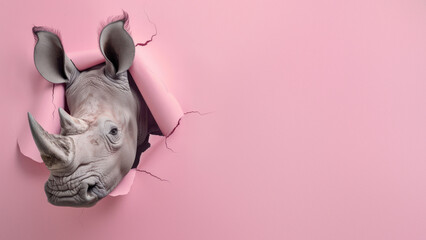 A visually striking depiction of a rhino's head pushing through pink paper, top view, suggesting...