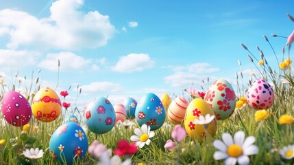 Obraz na płótnie Canvas Colorful Easter eggs decorated with flowers in the grass on blue sky background - generative ai