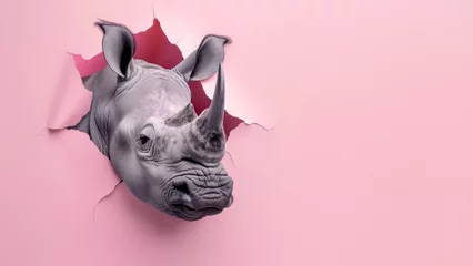 Poster Stunning imagery of a rhino face breaking through a pink wall, symbolizing disruption and unique approach © Fxquadro
