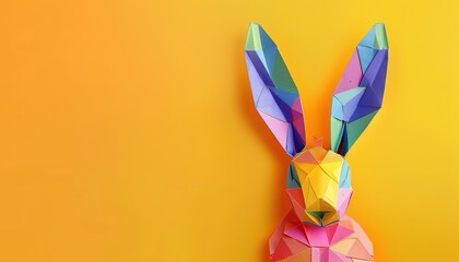 Colorful Paper Bunny on Yellow Background. Cheerful Papercraft Collage for Kids with Copy Space. Happy Easter Concept. 