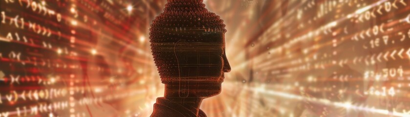 Zen meditation captured within a digital matrix a Buddha figure harmonizing spiritual tradition with digital innovation - obrazy, fototapety, plakaty