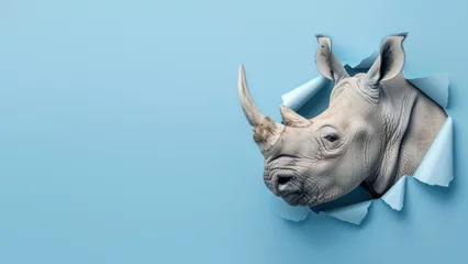 Foto op Canvas A profile shot of a rhinoceros head with folded blue paper, portraying contemplation and depth © Fxquadro