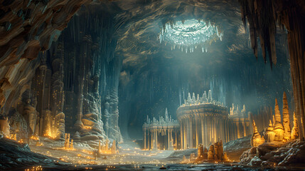 Mystical building inside cave landscape