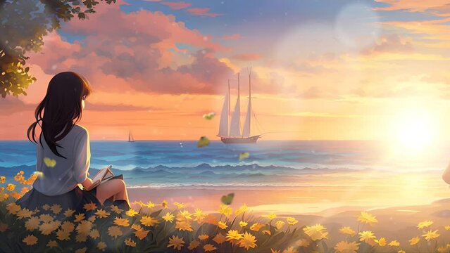 anime girl watching sunset at the ocean digital art, painting anime art, Graphics backgrounds anime characters, anime wallpapers, cartoon girl fantasy