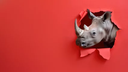 Fototapeten A compelling portrayal of rhino power as it shatters a bright red paper barrier, invoking motivation and strength © Fxquadro