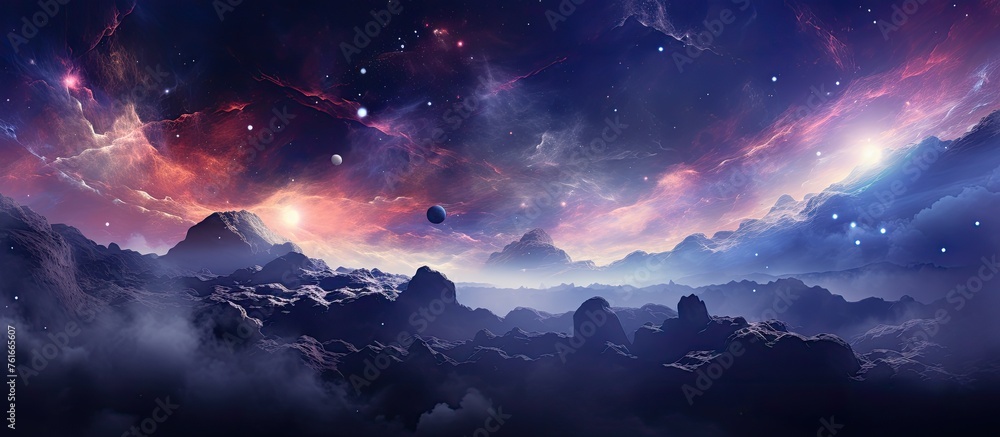 Poster a landscape painting featuring a mountain range under a galaxyfilled sky. cumulus clouds add depth t