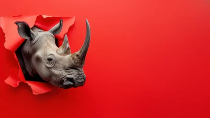 Keuken spatwand met foto An impactful shot of a rhino emerging from a ruptured red paper, evoking a sense of breakthrough © Fxquadro