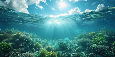 Fototapeta na wymiar Below the brilliant blue surface, the ocean's depths reveal a mesmerizing world of aquatic wonder.