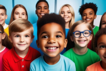 Smiling group of Multi-ethnic children looking at camera and posing together. Diverse different cool school students boys and girls wide angle. Concept diversity and inclusion