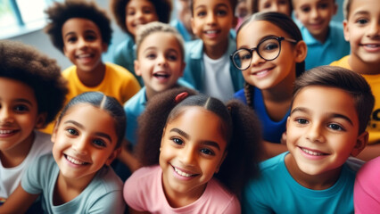 Fototapeta premium Smiling group of Multi-ethnic children looking at camera and posing together. Diverse different cool school students boys and girls wide angle. Concept diversity and inclusion