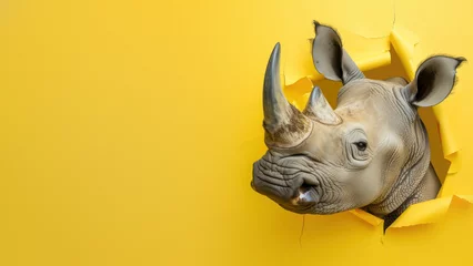 Zelfklevend Fotobehang A dynamic image depicting a rhino head bursting through a yellow paper, representing force and unexpectedness © Fxquadro