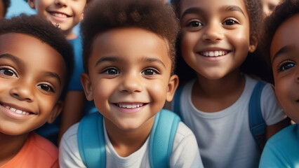 Portrait of happy Group Multi-ethnic children together. Diverse different cool school students boys and girls. Concept diversity and inclusion - obrazy, fototapety, plakaty