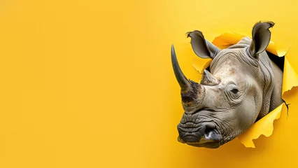 Küchenrückwand glas motiv An imaginative visualization of a rhino as if it's breaking through the yellow background surface © Fxquadro