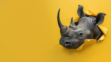 Zelfklevend Fotobehang An illusion of a rhino's head emerging from a torn paper with a 3D pop-up effect © Fxquadro