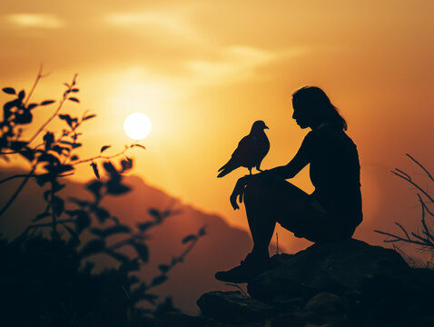 Silhouette of free pigeon and woman enjoying beautiful mountain sunset, AI generated image. Sunset serenity: Silhouettes of person and pigeon share affection