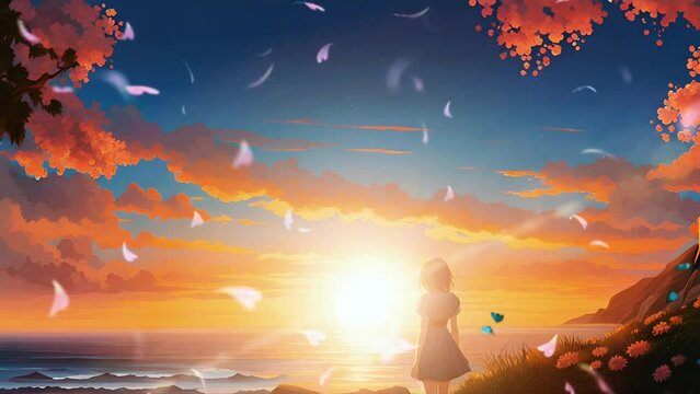 anime girl watching sunset at the ocean digital art, painting anime art, Graphics backgrounds anime characters, anime wallpapers, cartoon girl fantasy