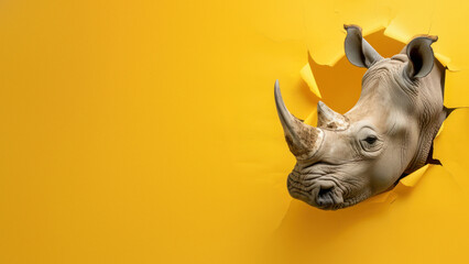 An impactful image showing a rhino breaking out of the boundaries of a yellow sheet