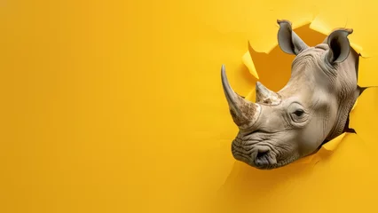 Rolgordijnen An impactful image showing a rhino breaking out of the boundaries of a yellow sheet © Fxquadro