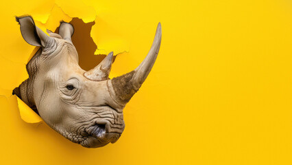 A creative image showing a rhino's head breaking through a vibrant yellow paper background, symbolizing breakthrough