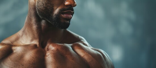A closeup shot focusing on a mans barechested chest and shoulder muscles, showcasing his defined physique and facial hair