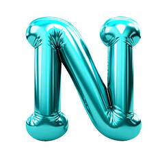 turquoise color metallic N alphabet balloon Realistic 3D on white background. Generative ai