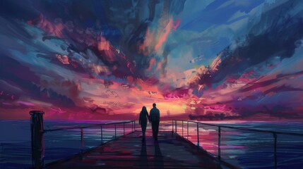 Serene Sunset Stroll on Pier with Couple AI Generated.