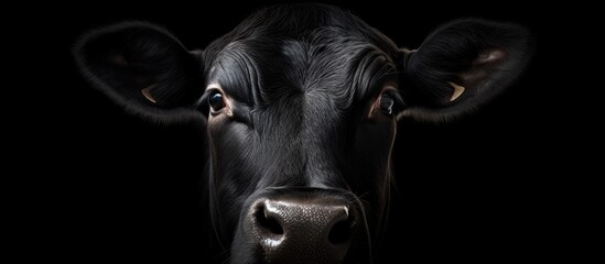 A close up of a black cows snout against a dark background, portraying a working animal in monochrome photography. The contrast creates an electric blue shine on the metal details