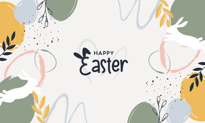 Happy Easter Banner. Trendy Easter Design with Typography and Easter Elements in Pastel Color and Abstract Modern Minimal Style