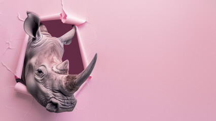 This image features a rhinoceros seemingly breaking through a pink background, suggesting power and breaking barriers