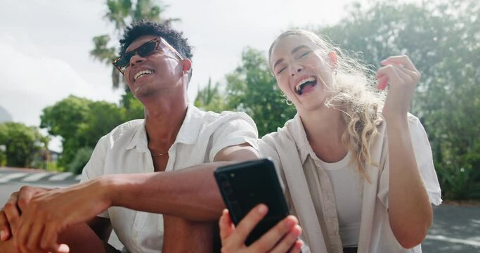 Friend, surprised or laughing at phone outdoor for social media gossip, internet meme or funny video memory. Man, woman or smartphone at park with comic blog or shocked at online dating app in nature