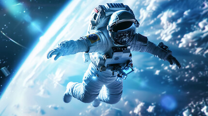 The astronaut floats weightlessly against backdrop of surreal blue clouds and starry space, symbolizing peace and isolation. Concept for galaxy exploration, international human space flight