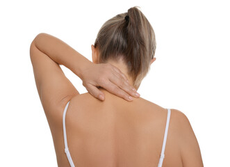 Woman suffering from pain in her neck on white background, back view