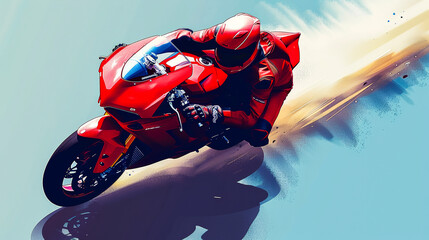 Red motorbike sports bike, on a race trace, dust cloud trail from behind the motorbike, shot from above. Simple flat illustration.