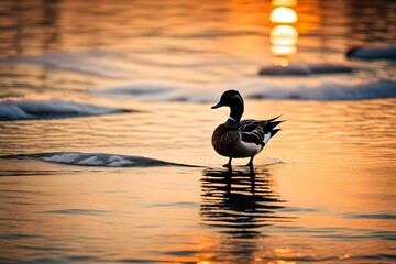 The silhouette of duck in water at the sunset. 